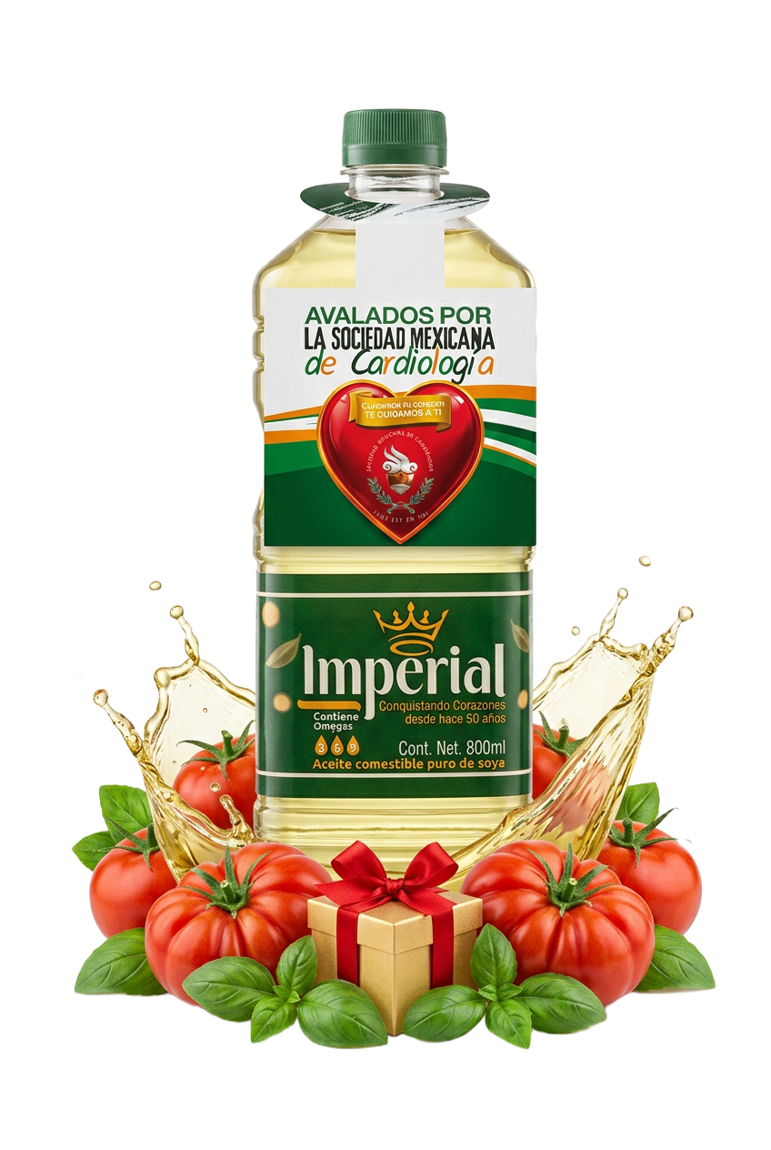 Botella de Aceite Imperial con tomates, hojas de albahaca y caja de regalo dorada